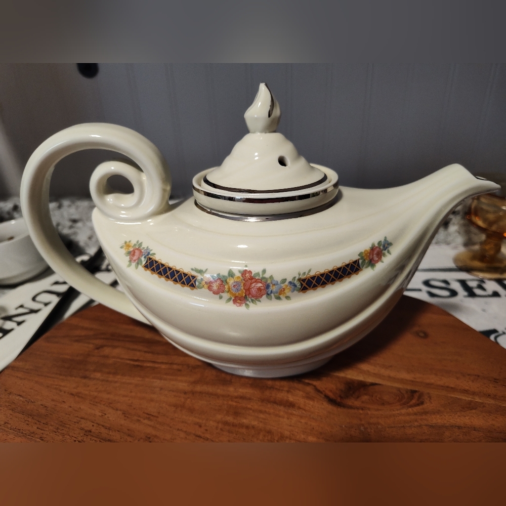 Hall's Superior Quality Kitchenware "Blue Bouquet, Platinum Trim" Aladdin teapot